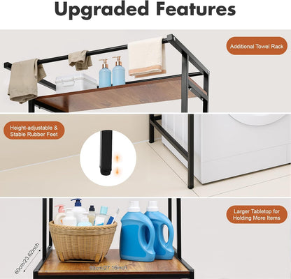 Over Washer and Dryer Storage Shelves with Adjustable Rubber Feet, 3 Tiers Laundry Room Storage and Organizer Standing Shelf for Bathroom Laundry Room Space Saver| US Stock (Black+ Oak)