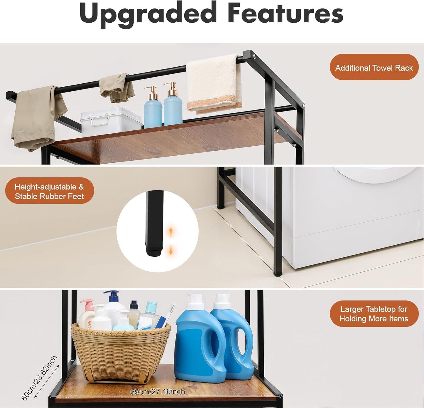 3-Tier Over Washer and Dryer Storage Shelf - Adjustable Heavy Duty Laundry Organizer with Sturdy Wooden Shelves - Space Saver for Bathroom, Balcony & Utility Room (Black+Oak)