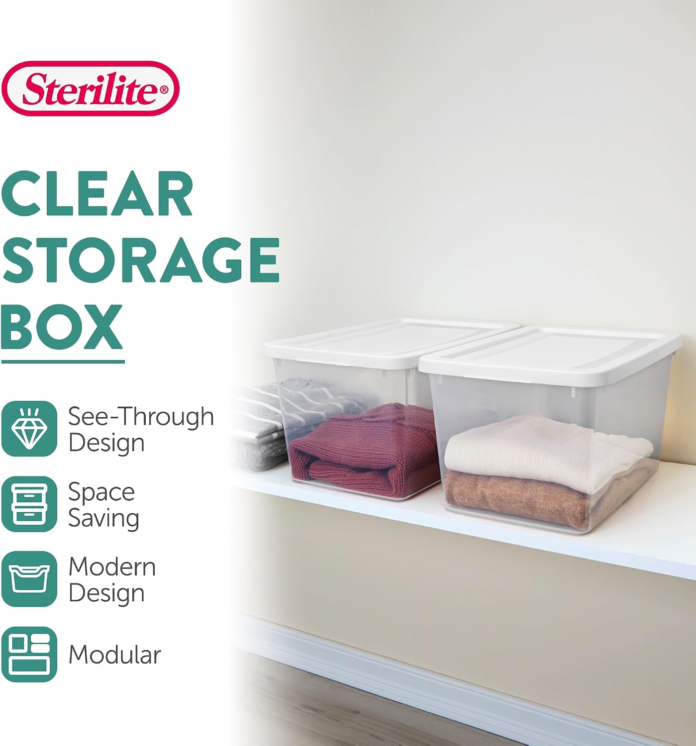 Sterilite 6 Pack Storage Box, 41 Quart Stackable Tote, Clear Plastic Container with Secure Snapping White Lids for Home and Office Organization