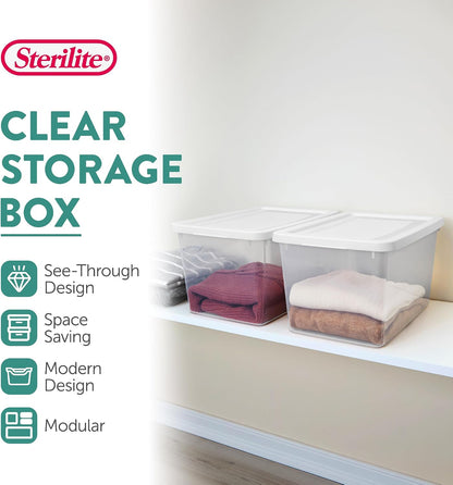 Sterilite 6 Pack Storage Box, 41 Quart Stackable Tote, Clear Plastic Container with Secure Snapping White Lids for Home and Office Organization