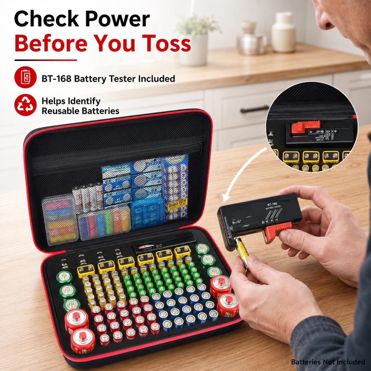 ALKOO 136+ Battery Organizer Storage Case with BT-168 Tester | AA AAA C D 9V & Button Cells Batteries Holder Box, Foam Protection, Home / Garage / Drawer Organization, Case Only, Red