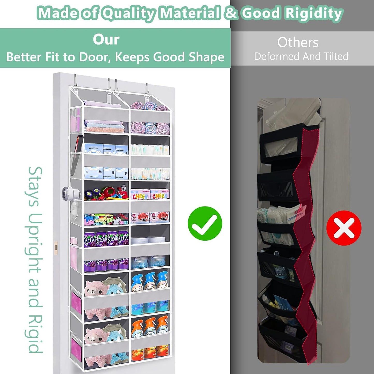 Heavy Duty Over The Door Organizer 5 Tiers, Extra Large Behind Door Storage of 10 Big Front & 10 Mesh Pockets, 80lb Weight Capacity, Hanging Doors Storage Organizer for Closet Bedroom Nursery, Grey