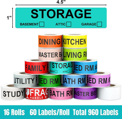Kingtac 600 Writable Home Moving Stichers - 2' x 3', 20 Color-Coded Home Moving Packing Labels with Fragile, Extra, Heavy Options.Stick to Cardboard Boxes and Plastic Bins, No Extra Tape Needed