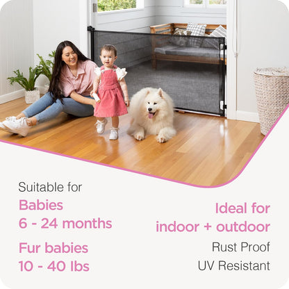 Retractable Baby Gate Perma Child Safety 33" Tall x 55” Wide, Mesh, for Stairs, Doorways, Dogs, Pets, Indoor, Outdoor, One-Handed Operation, Locking, Easy Install, Hardware Mount, White