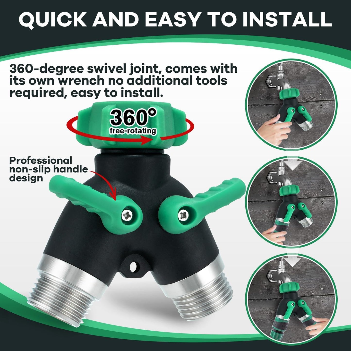 304 Stainless Steel Hose Splitter 2 Way, 3/4" GHT Garden Hose Splitter 2 Way Heavy Duty, Full Flow Garden Hose Splitters - Durable Water Spigot Splitter Y Adapter