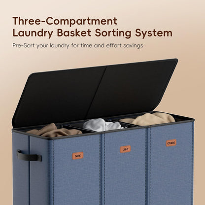 185L Laundry Hamper 3 Section, Laundry Hamper with Lid, Dirty Clothes Hamper with 3 Removable Washing Bags, Extra Large Laundry Basket Organizer for Bedroom, Laundry Room, Dorm - Black