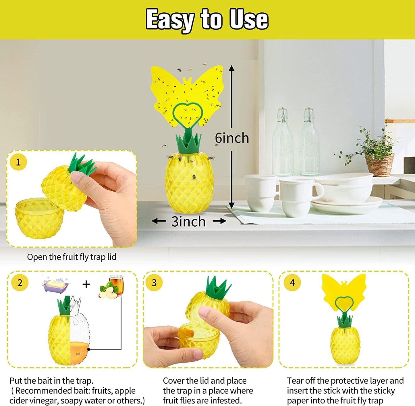Fruit Fly Trap for Indoors, Effective Fruit Fly Catcher Gnat Killer with Sticker, Gnat Traps for House Indoor with Bait, Non-Toxic Reusable Easy to Use Fly Trap for Kitchen Home - 2 Pack, Clear Yellow