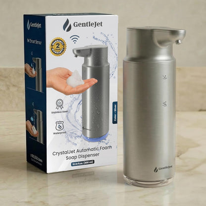 GentleJet CrystalJet Automatic Foam Soap Dispenser – Stainless Steel, Touchless Sensor, USB-C Rechargeable, Waterproof, Modern Bathroom & Kitchen Sink, 300 ml