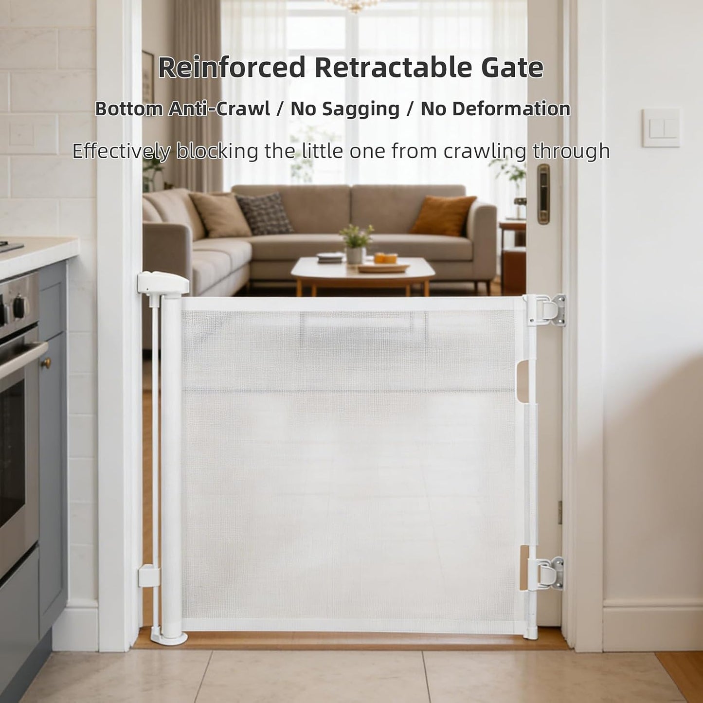Retractable Baby Gate, 55 in Wide x 33 in Tall Mesh Dog Gate, Hardware Mounted Safety Gate with Double Lock for Doorways, Hallways, Indoor Outdoor, White