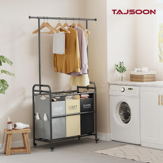 Tajsoon Laundry Hamper with Hanging Rack, 3 Section Laundry Sorter with Heavy Duty Lockable Wheels, Laundry Basket Organizer for Dirty Clothes Storage, 3 Beige