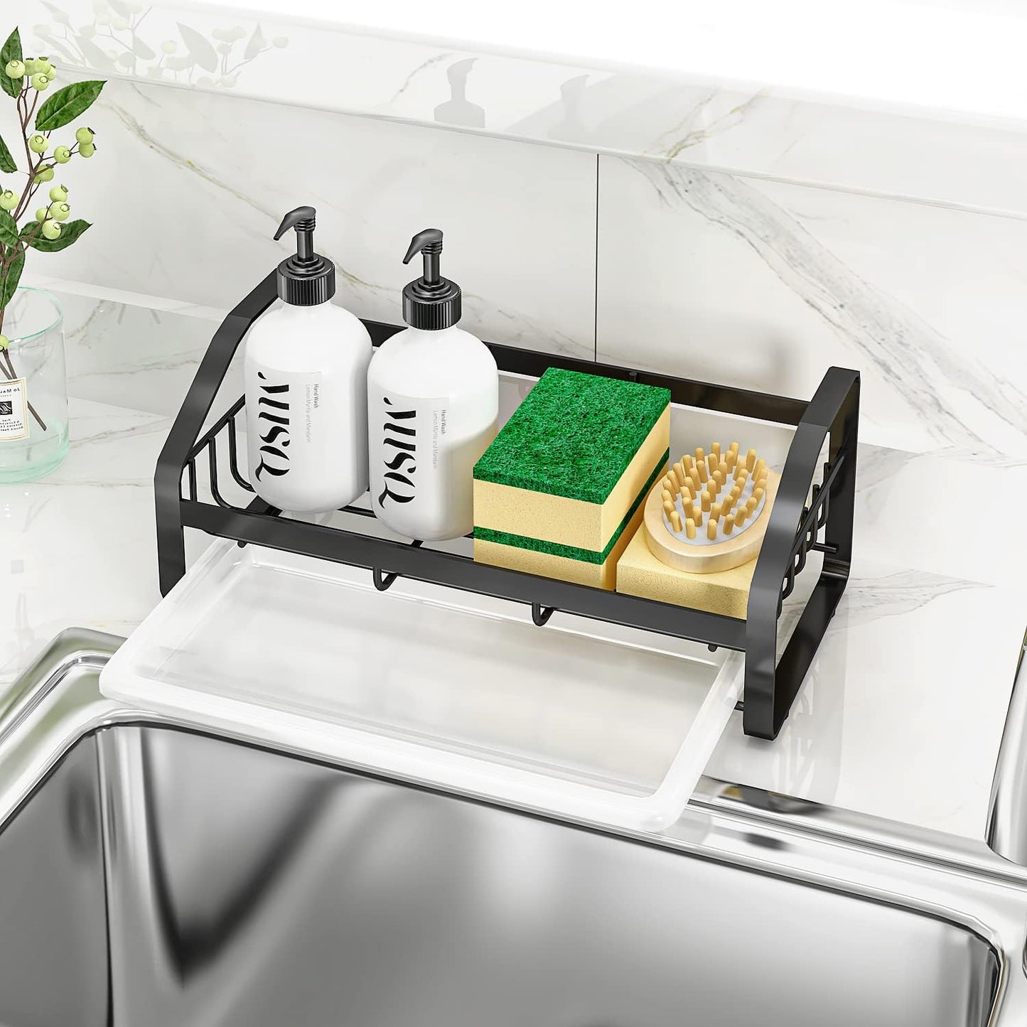BSKSSK Sink Caddy,Sponge Holder for Kitchen Sink, Kitchen Bathroom Sink Organizer,304 Stainless Steel Kitchen Countertop Organizer Soap Tray with Removable Drain Tray Length Version - Silver
