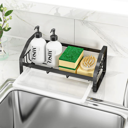 BSKSSK Sink Caddy,Sponge Holder for Kitchen Sink, Kitchen Bathroom Sink Organizer,304 Stainless Steel Kitchen Countertop Organizer Soap Tray with Removable Drain Tray Length Version - Silver