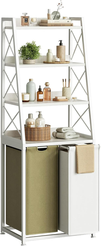 Herture Laundry Basket, 3 Section Laundry Hamper with 4 Tiers Shelf, Pull-Out and Removable Laundry Bags, Large 3 x 15.87 Gallons, for Laundry Room Bathroom Rustic Brown PF05XLN