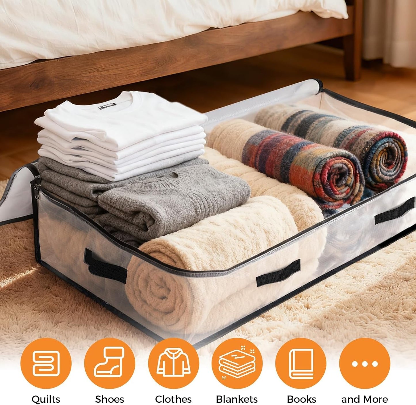 6 Pack Under Bed Storage Bags, 60L Foldable Clear Storage Containers with Handles, Dual Zippers for Comforter, Clothes, Bedding, Linen Sheets, Sweaters, Blanket Storage