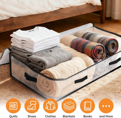 6 Pack Under Bed Storage Bags, 60L Foldable Clear Storage Containers with Handles, Dual Zippers for Comforter, Clothes, Bedding, Linen Sheets, Sweaters, Blanket Storage