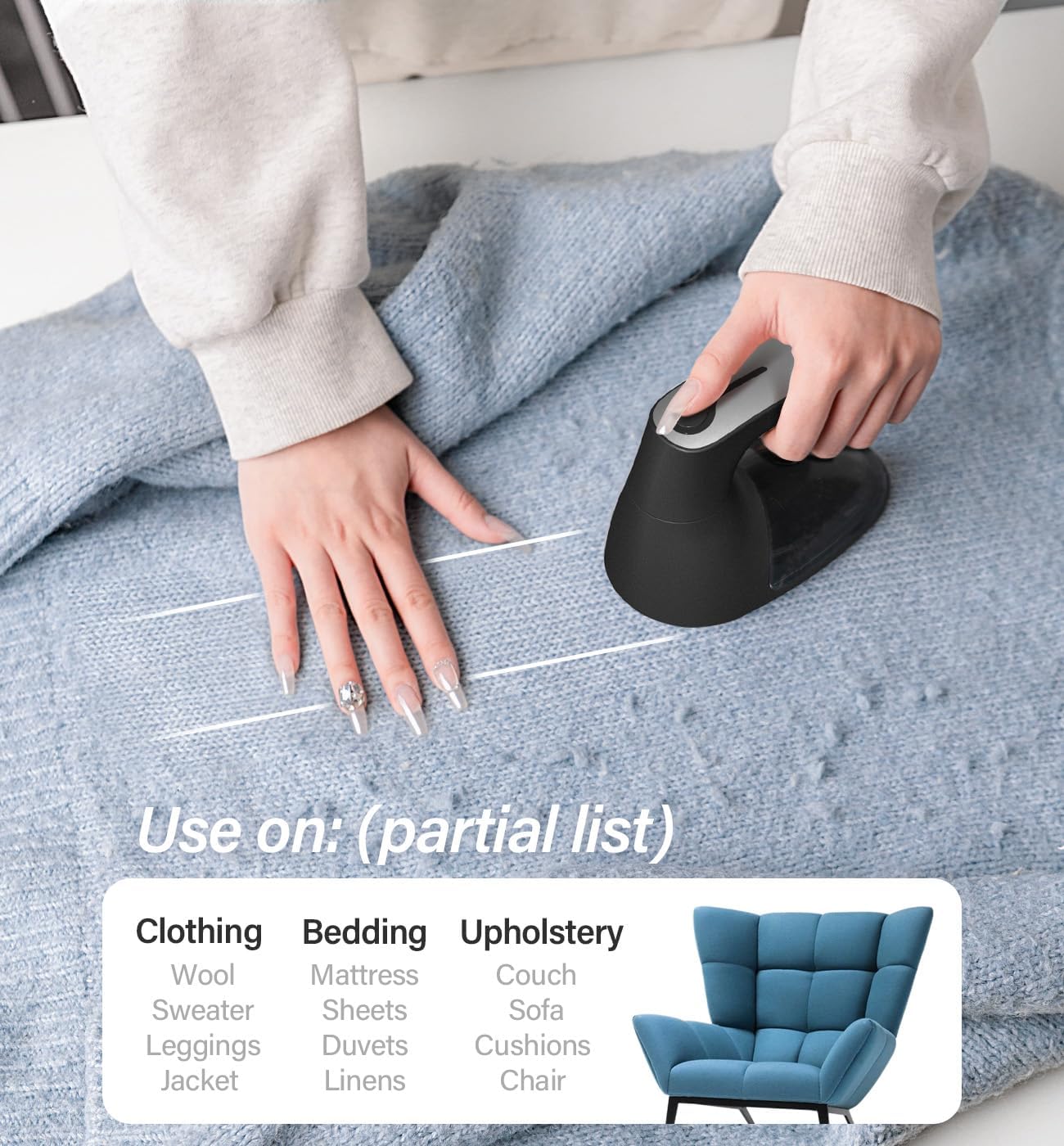 Bymore Fabric Shaver & Lint Shaver for Clothes and Furniture, Heavy Duty Sweater Shaver Lint Remover with Large 65mm Shaving Head, 6-Leaf Blades, Extra Replacement Blades for Couch, Sofa & Upholstery