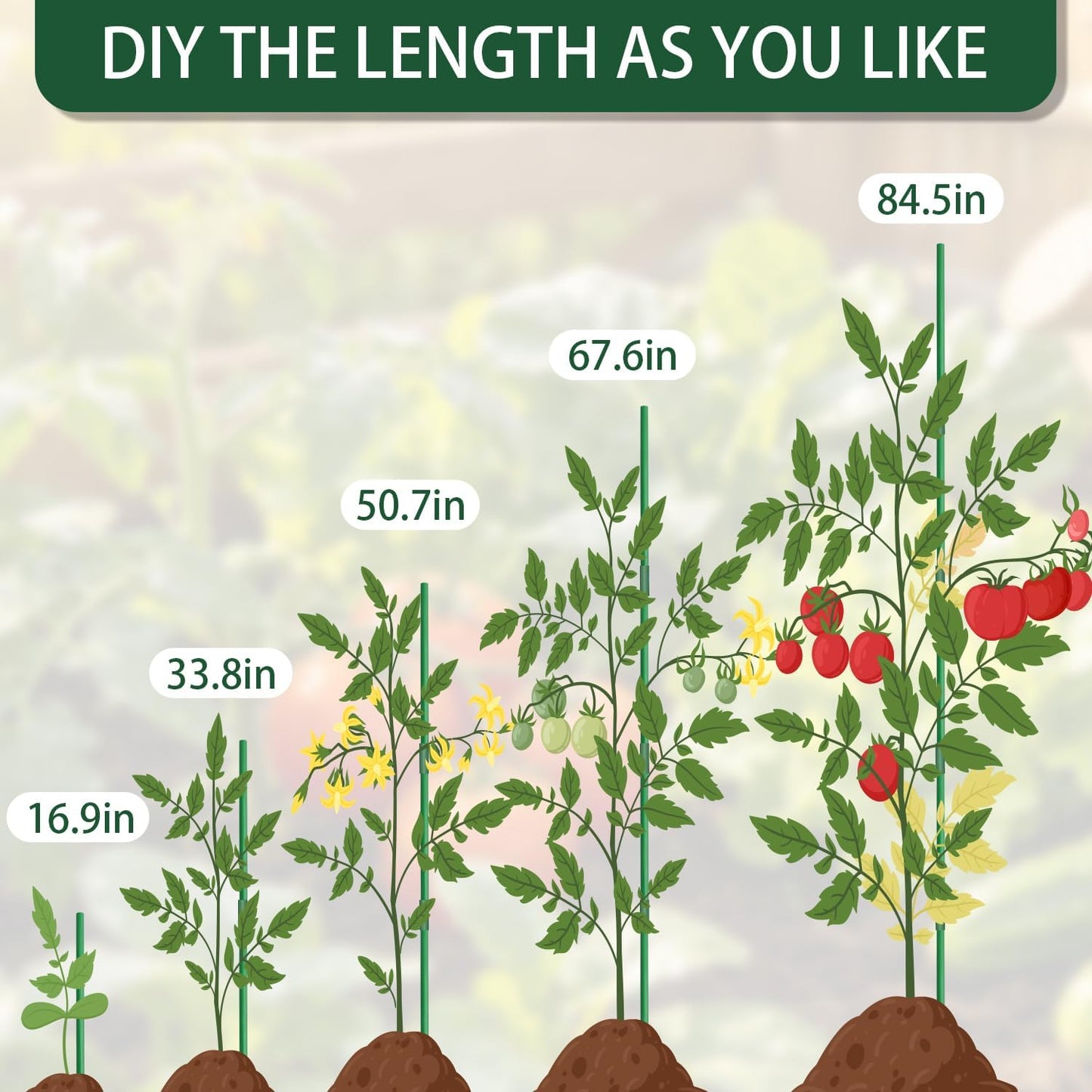 Garden Stakes 17Inch 20Pcs HOUNANG, DIY 4ft 5ft 6ft 7ft 8ft Fiberglass Plant Support Stakes for Gardening, with 14Connectors 50Ties for Indoor Outdoor Plants, Tomato, Vegetables, Potted Plants
