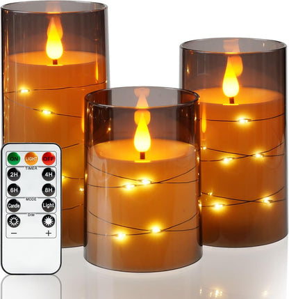 Amagic Red Flameless Candles 3 Set, Flickering Battery Operated Candles Embedded Fairy String Light, Realistic Pillar Candle with Remote Control and Timer, Acrylic, D3 x H4 5" 6"