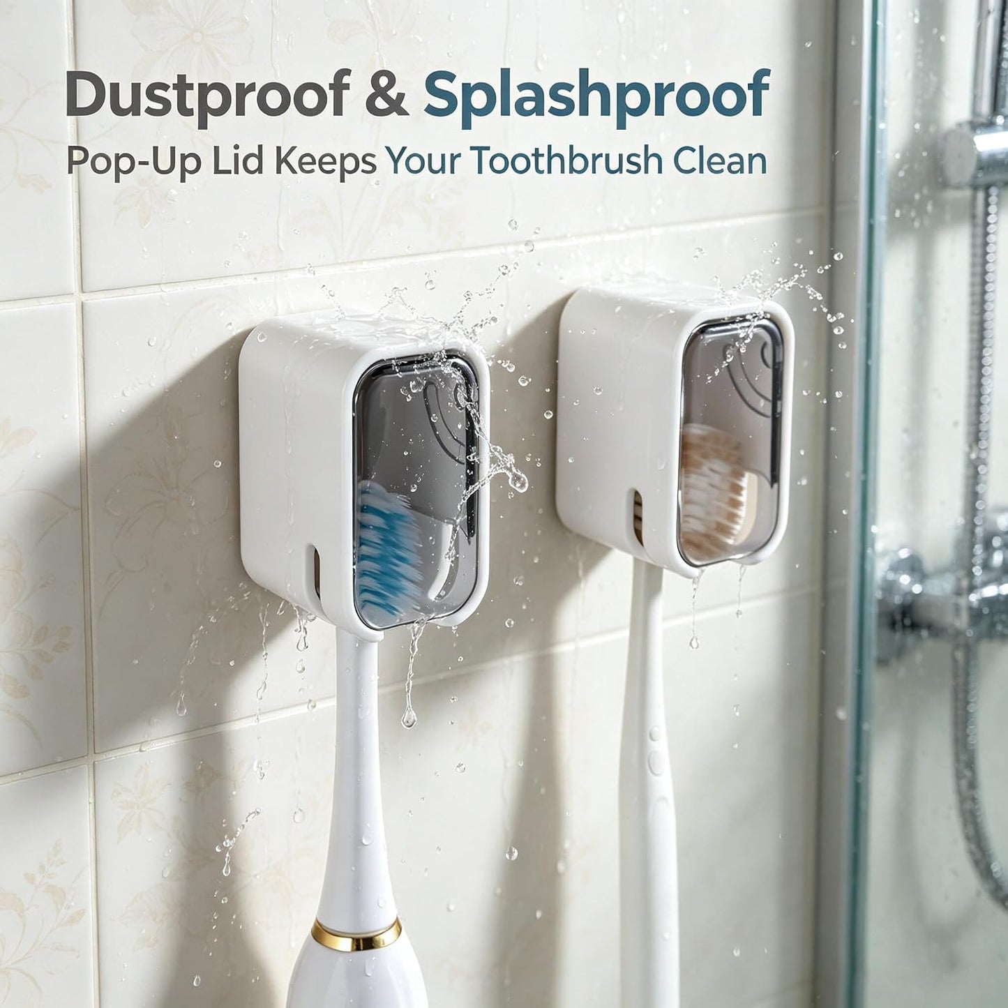 2PCS Toothbrush Holder Wall Mounted for Bathroom with Cover for Shower - with Toothpaste Clip - Single Slot Toothbrush Dispenser Storage Organizer for Travel with Detachable Design