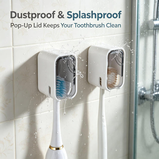 2PCS Toothbrush Holder Wall Mounted for Bathroom with Cover for Shower - with Toothpaste Clip - Single Slot Toothbrush Dispenser Storage Organizer for Travel with Detachable Design