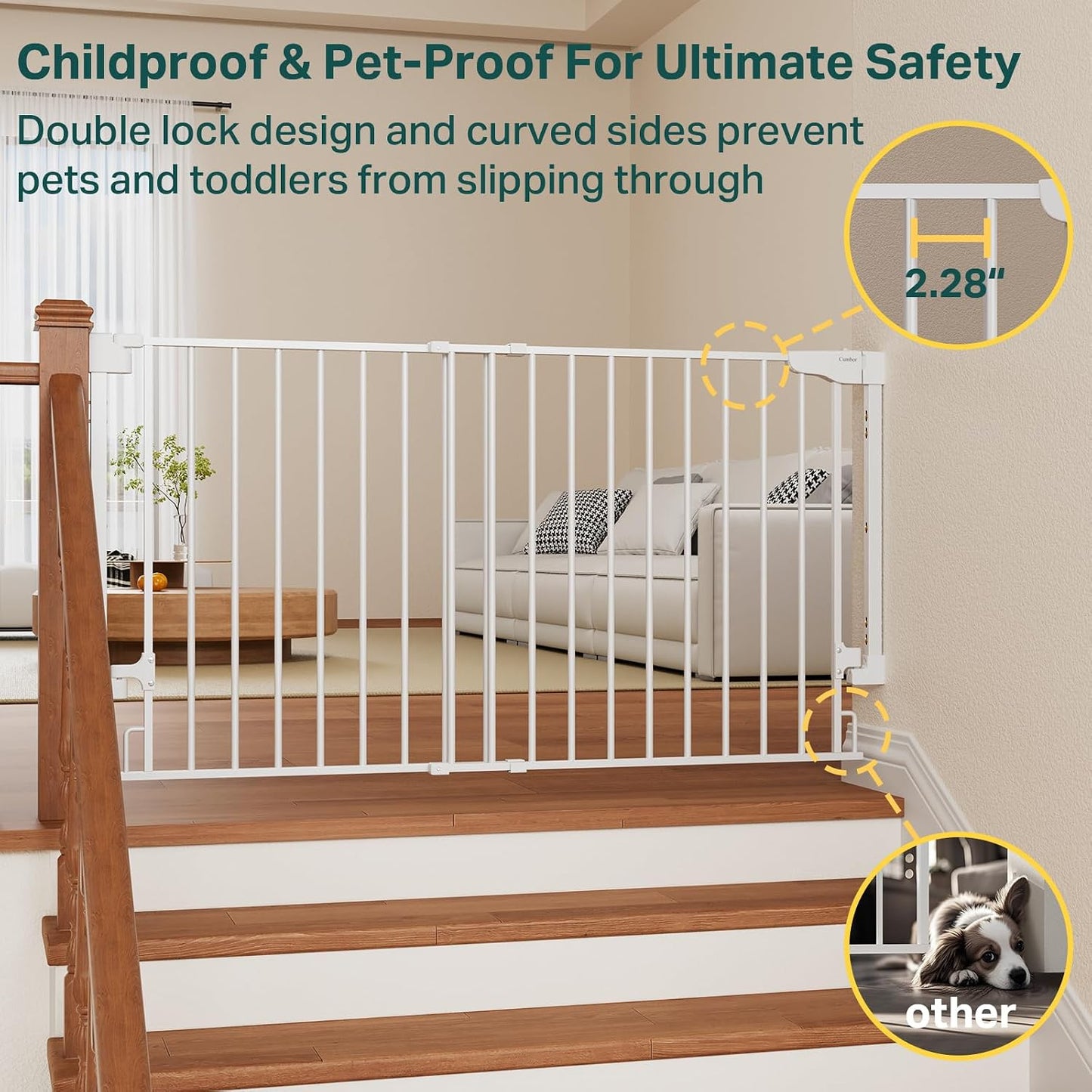 Cumbor 29.2–43" Baby Gate for Stairs, Hardware Mounted (Drill Required), Expandable No Bottom Bar Dog Gate, Auto Close Extra Wide Walk Thru, Pet & Toddler Proof Gate, Top & Bottom of Stairways (White)