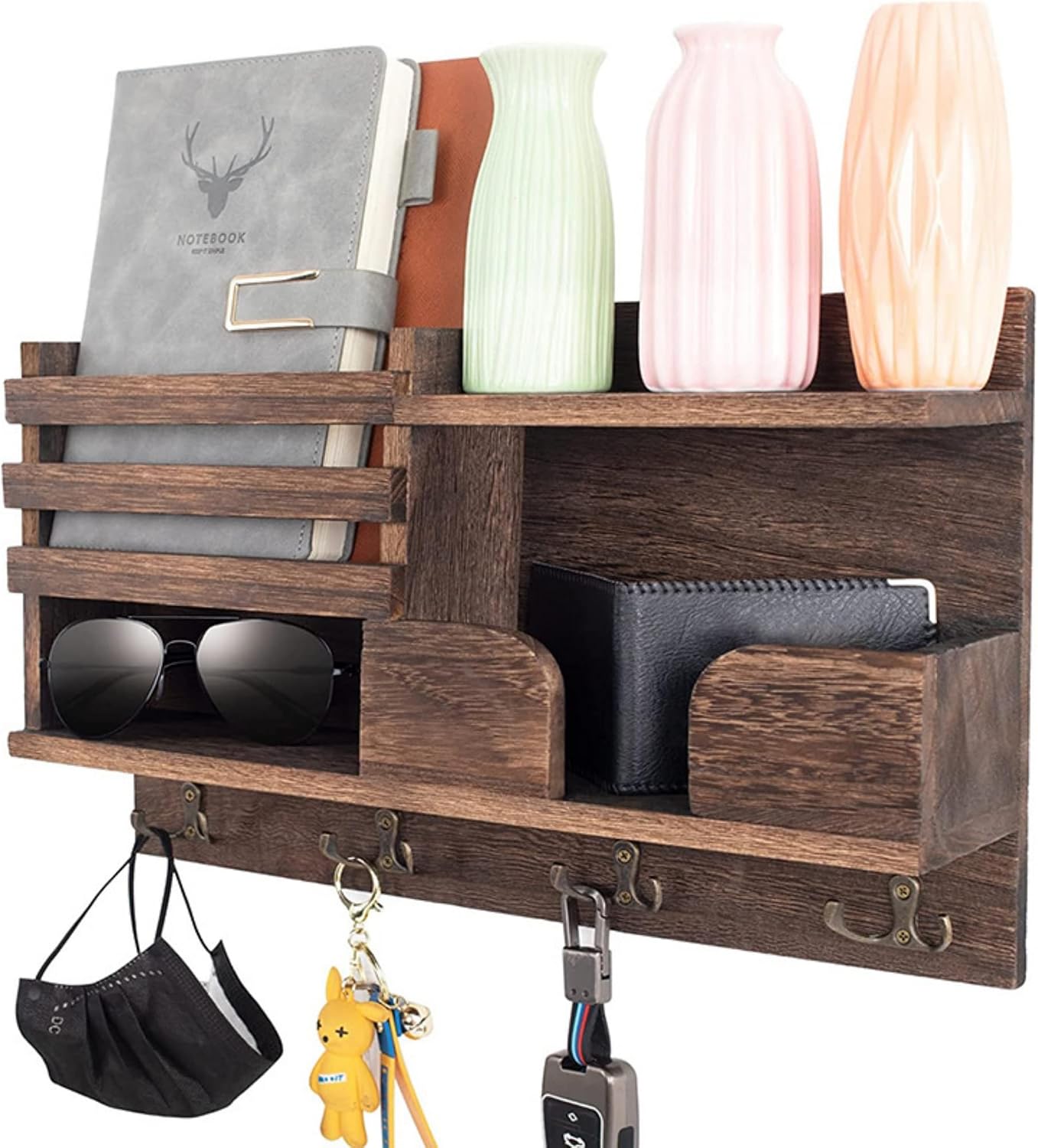 Key Holder Wall Mount, Wooden Organizer Wall Mount with 4 Double Hooks and Wallet Holder, Sunglasses and Mail Storage Rack for Entryway or Mudroom - Brown