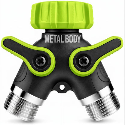 2 Way Hose Splitter Heavy Duty - Metal Y Garden Hose Splitter with Shutoff Valves, Brass Outdoor Faucet Adapter for Spigot, 3/4 Inch GHT Water Hose Connector - Green