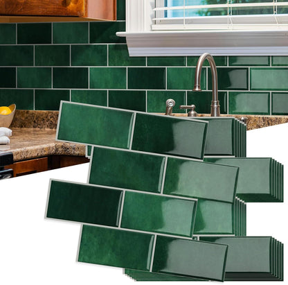 10-Sheet Thick Peel and Stick Kitchen Backsplash Tiles(Green,12"×12") | 3D Subway Waterproof Self-Adhesive Wall Tile Stick on Backsplash for Kitchen and Bathroom