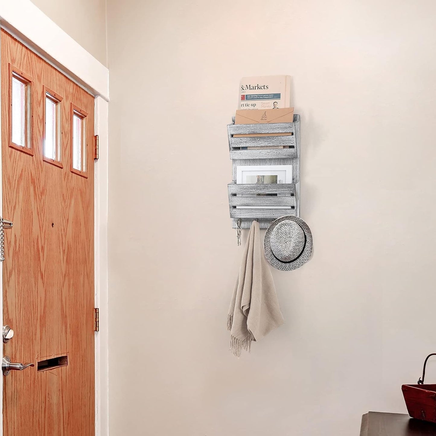 BTY Mail Sorter Wall Mounted, Wooden Mail Holder with 4 Key Hooks, 2 Slot Letter Bills Newspaper Magazine Organizer for Entryroom Hallway Office Garage, Gray White
