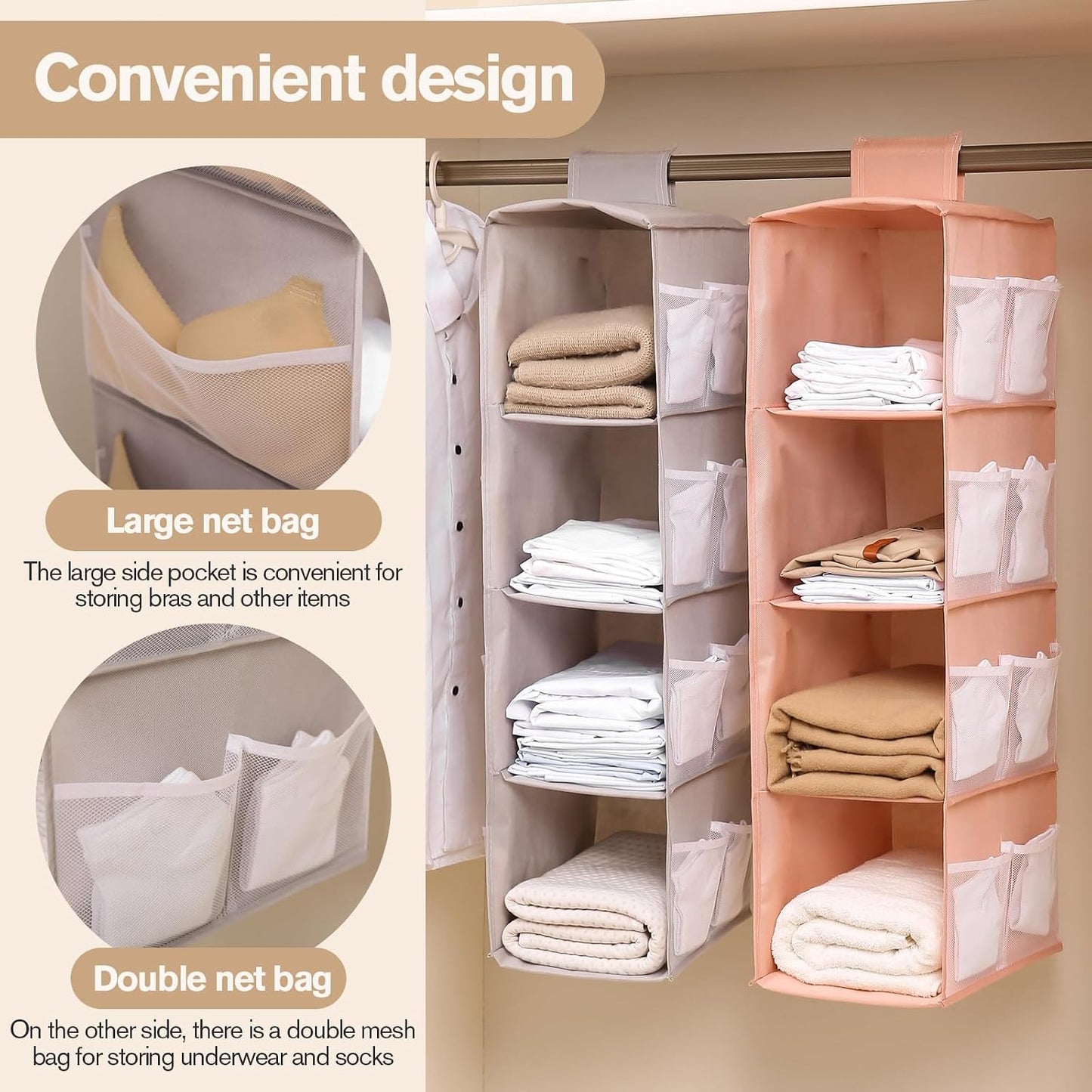 Hanging Closet Organizer, 4-Section Storage Shelves, Oxford Cloth with Mesh Pockets, (Gray, 4 Section)