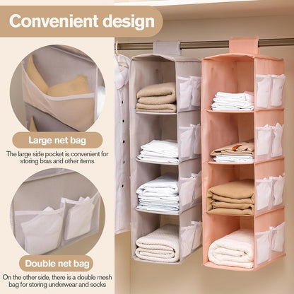 Hanging Closet Organizer, 4-Section Storage Shelves, Oxford Cloth with Mesh Pockets, (Gray, 4 Section)