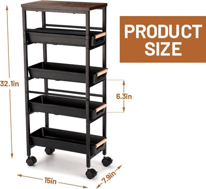 Slim Storage Cart, 5-Tier Narrow Rolling Kitchen Laundry Room Cart with Drawer and Wheels, Metal Utility Cart Slide Out Organizer for Small Spaces (White)