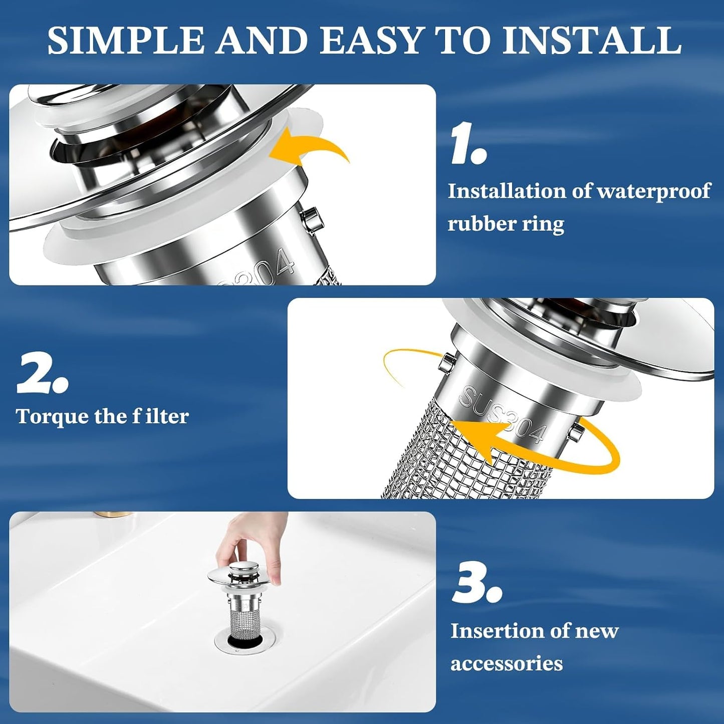 Bathroom Sink Drain Strainer,Pop Up Sink Stopper with Removable Stainless Steel Hair Catcher Basket, Anti-Clog Bathroom Sink Drain Plug for 1.1-2.36 Inch Drain Holes (Sliver 3Pcs)