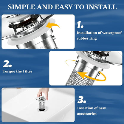 Bathroom Sink Drain Strainer,Pop Up Sink Stopper with Removable Stainless Steel Hair Catcher Basket, Anti-Clog Bathroom Sink Drain Plug for 1.1-2.36 Inch Drain Holes (Sliver 3Pcs)