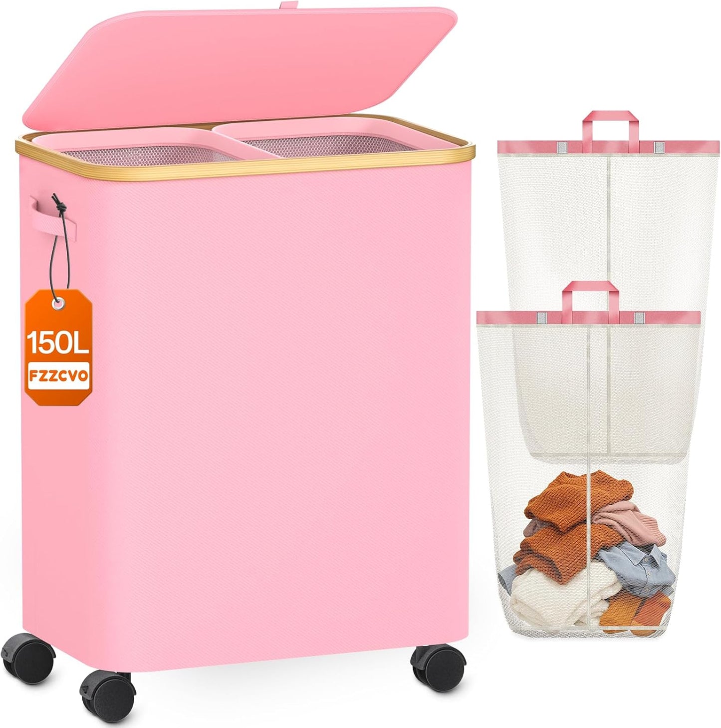 Double Laundry Hamper with Lid and Wheels, 150L Large Laundry Basket with 2 Sections & Removable Liner Bags, Rolling Dirty Clothes Basket with Handles for Bedroom, Bathroom, Dorm, College