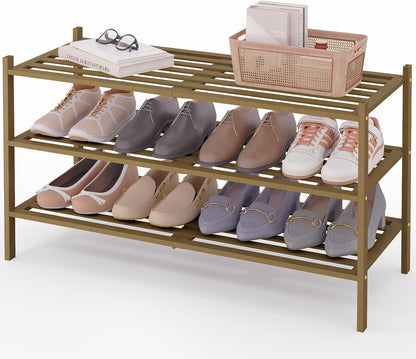 Smiry Bamboo Shoe Rack, 3 Tier Free Standing Wooden Shoe Organizer, Stackable Wood Shoe Storage Shelf for Closet, Entryway, 5 Horizontal Slats, 26.8"x11"x18.3", Natural
