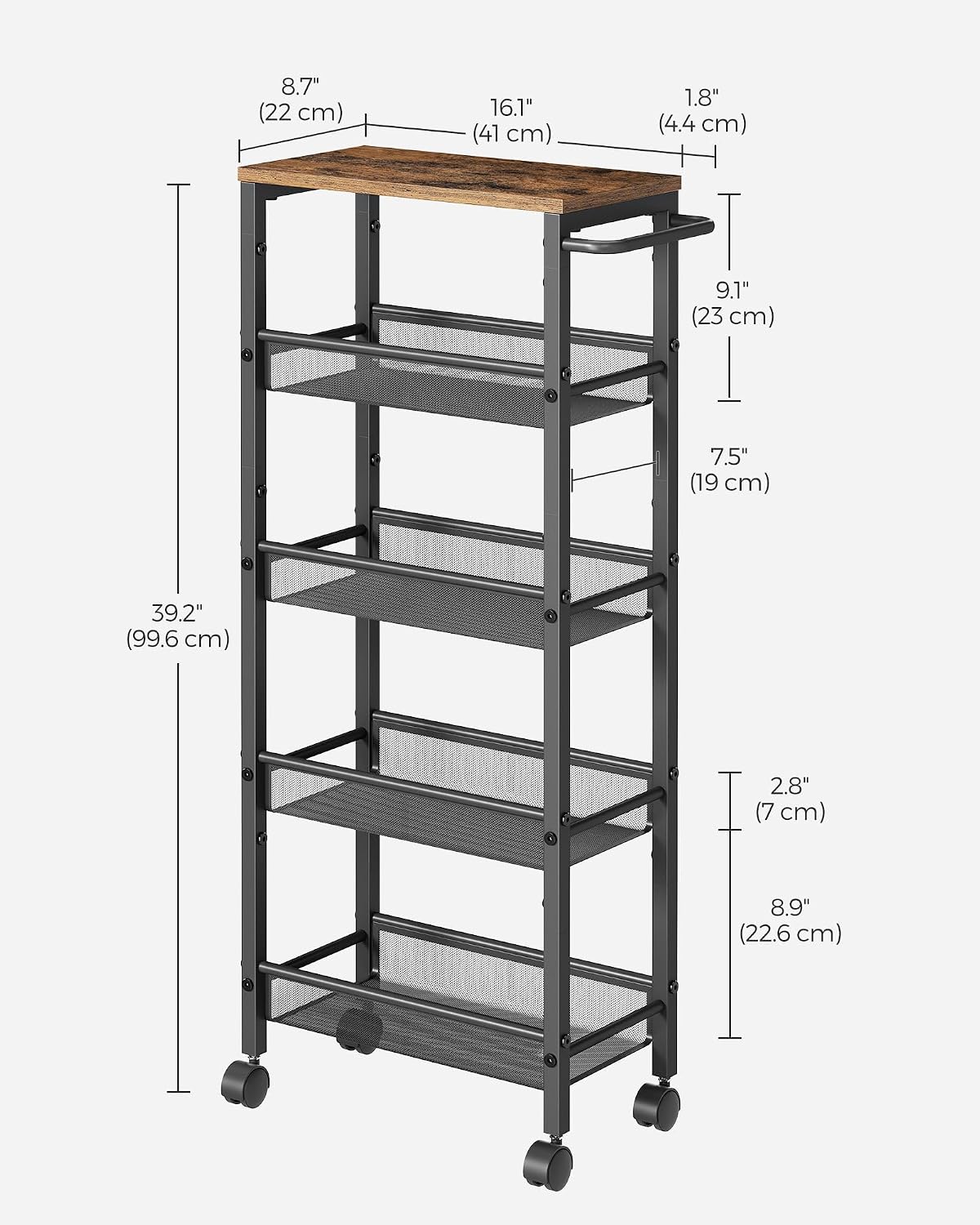 VASAGLE Slim Rolling Cart, 4-Tier Narrow Storage Cart with Handle, 5.1 Inches Deep, Metal Frame, for Kitchen, Dining Room, Living Room, Home Office, Rustic Brown and Classic Black ULRC032B01V1