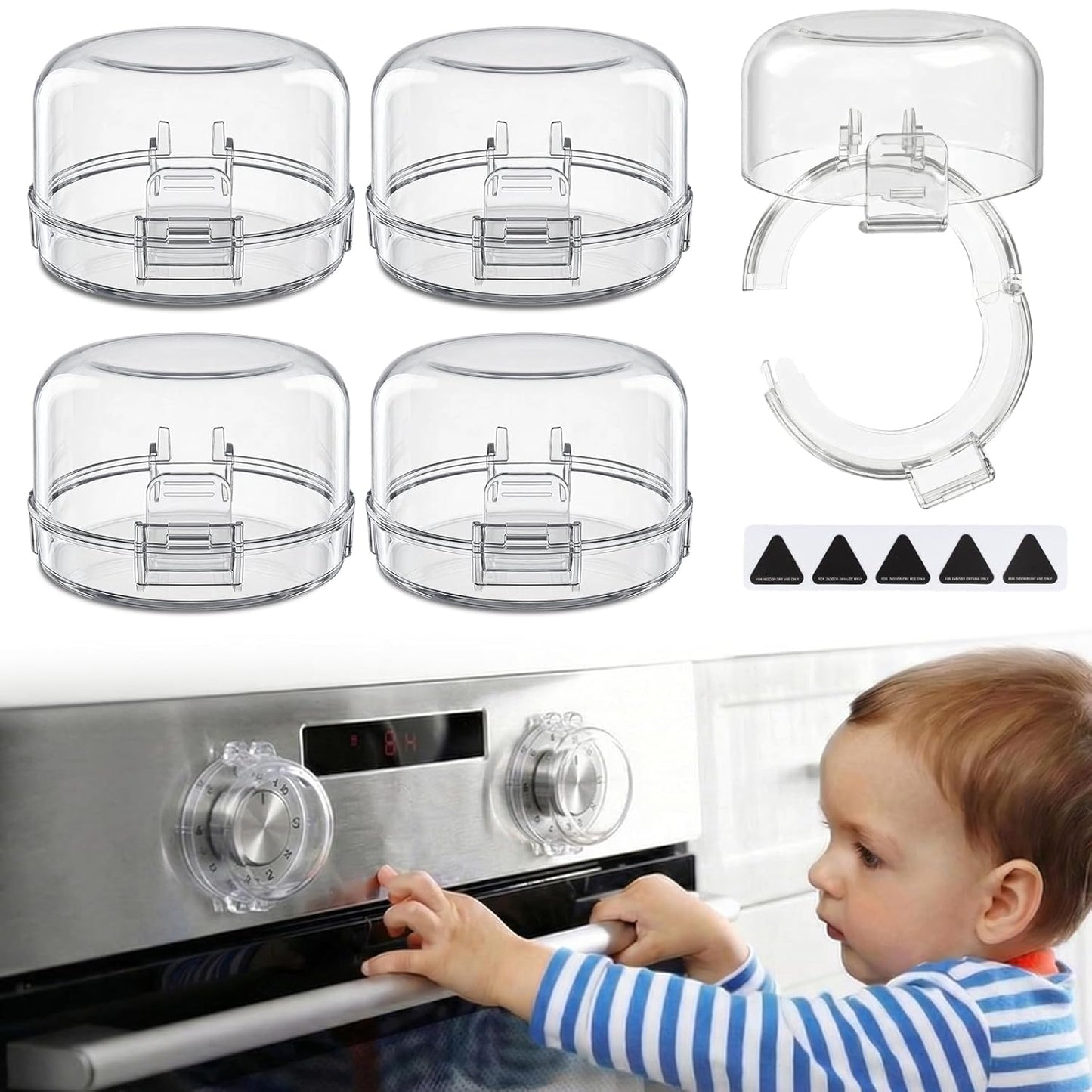Stove Knob Covers for Child Safety – 5-Pack Heat-Resistant Oven Lock Knob Protectors with Heat Alert Stickers, Baby and Pets Proofing Stove Knob Guards for Gas & Electric Stoves