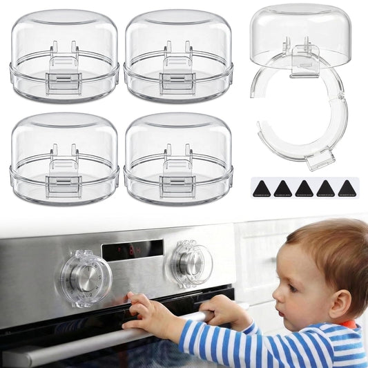 Stove Knob Covers for Child Safety – 5-Pack Heat-Resistant Oven Lock Knob Protectors with Heat Alert Stickers, Baby and Pets Proofing Stove Knob Guards for Gas & Electric Stoves