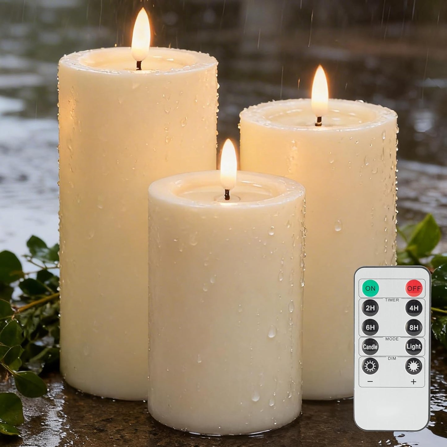 LUSHARBOR Outdoor Flameless Candles, Set of 3 Battery Operated Pillar Candles with Remote & Timer, 3" x4" 5" 6" Waterproof Plastic LED Candles for Patio Porch Garden Yard Candle Lantern Ivory