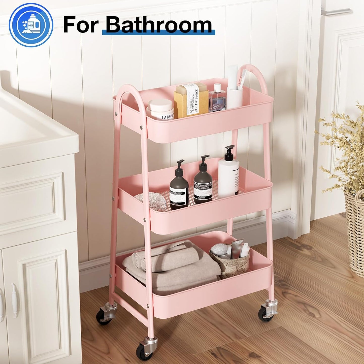 DUMOS 3 Tiers Rolling Cart, Utility Cart, Metal, White | Mobile Storage, Lockable Wheels, Utility Shelving Unit, Kitchen, Bathroom, Laundry, Narrow Places