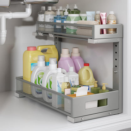 2-Pack Under Sink Storage Organizer, Large 2-Tier Elegant Mesh Pull Out Shelf for Kitchen and Bathroom Cabinet Organization, L-Shaped and Adjustable Height Design,Patent Pending-Black