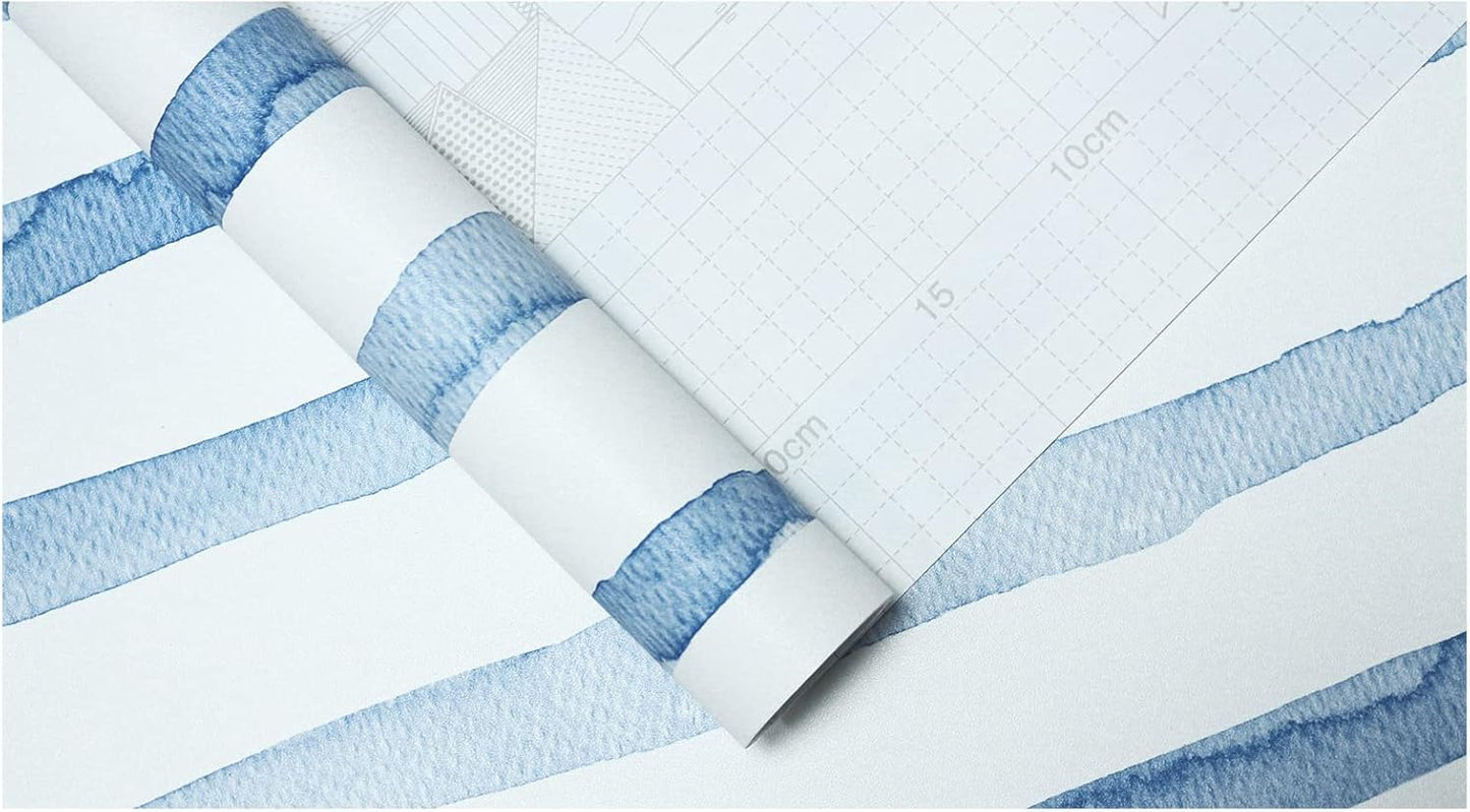 HAOKHOME Blue Wallpaper Peel and Stick Wall Paper Striped Coastal Boho Removable Indigo Blue/White Vinyl Self Adhesive for Bathroom Decor 17.7in x 32.8ft
