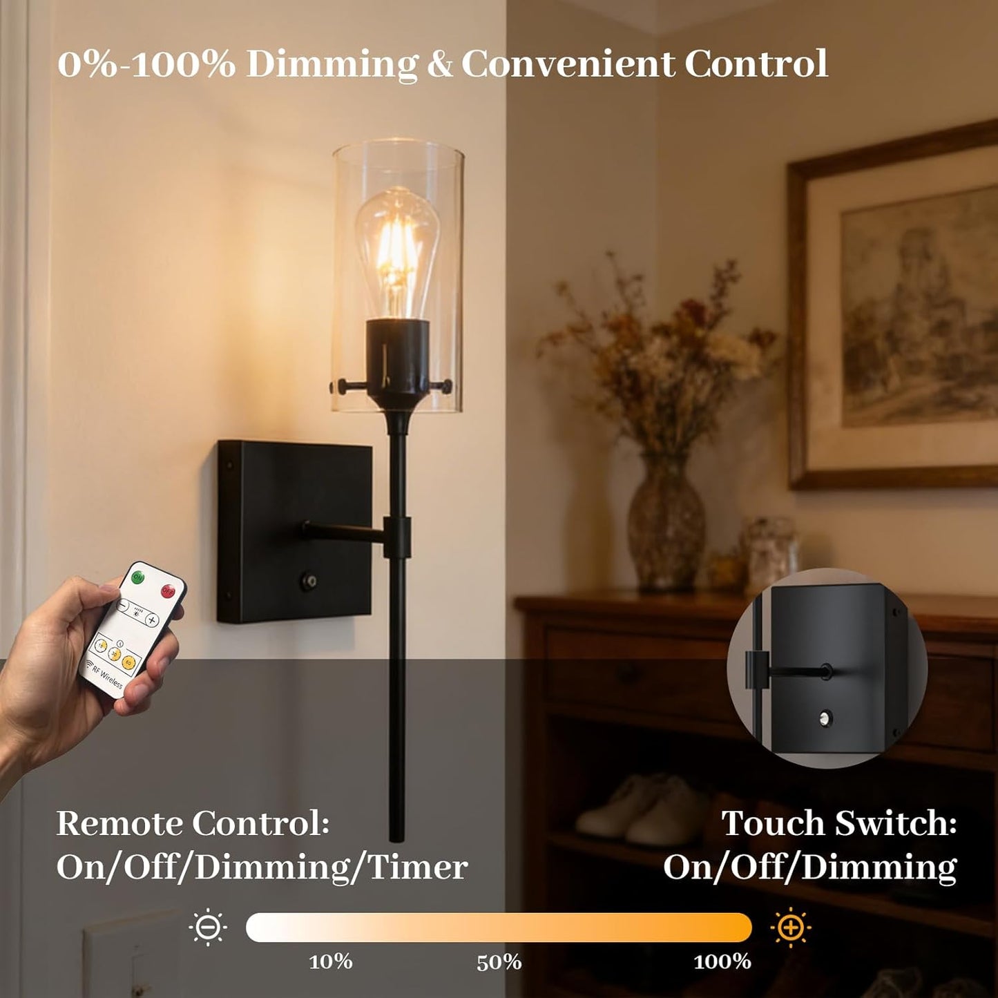 Wireless Wall Sconces with Remote Control, Black Battery Operated Wall Sconces Set of 2, Rechargeable Dimmable Wall Light for Bedroom Living Room Bathroom Hallway Entryway Stairwell,3 Colors