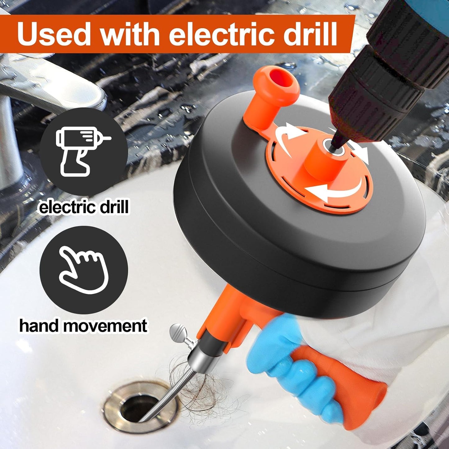 Drain Snake, 50ft Flexible Steel Drain Auger With Drill Adapter, Heavy Duty Sink Plumbing Unblocking Hand Auger Remover, Manual Or Powered for Shower & Bathtub Clogs-No auto retract or feed