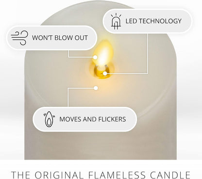 Luminara Realistic Flameless LED Set of 3 Ivory Pillar Candles, Home Safe Moving Flame Melted Top Illumination, Battery Operated Remote Control w/Timer