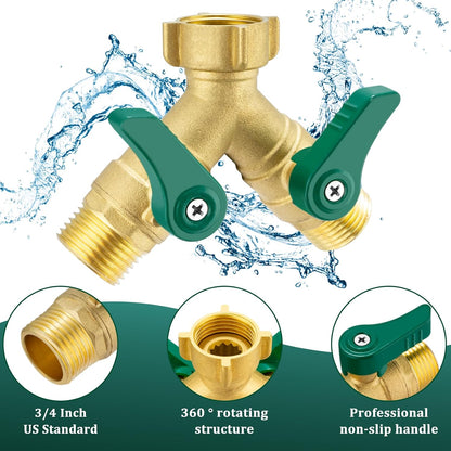 Garden Hose Splitter 2 Way, Heavy Duty Brass Hose Splitter, 3/4" GHT Hose Y Splitter with Shutoff, Full Flow Outdoor Faucet Splitter, Water Hose Y Valve Tap Adapter