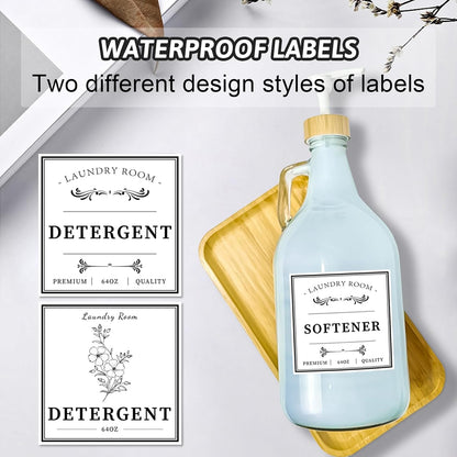 2 Pcs Glass Laundry Detergent Dispenser Bottle, Liquid Laundry Soap Dispenser for Laundry Room, 64oz Detergent Bleach Softener Dispenser for Farmhouse Decor, Includes Bamboo Pumps Tray Funnel Labels