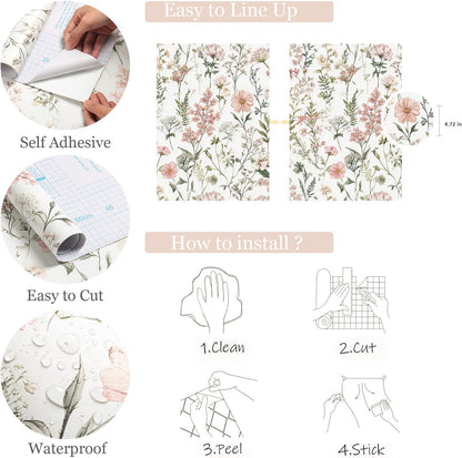 Orainege Pink Floral Peel and Stick Wallpaper Removable Self Adhesive Wallpaper 16.9inx118.1in Modern Wall Paper for Bedroom Bathroom Green Leaf Contact Paper for Cabinets