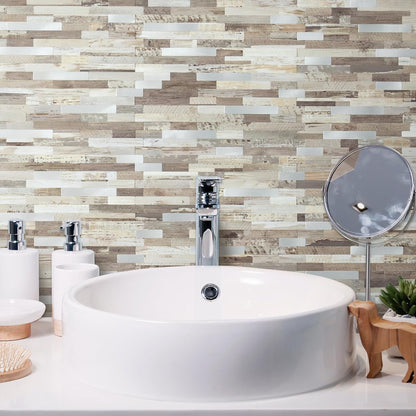 AULIGET 20 Sheets Peel and Stick Backsplash, Black & Grey Wood Look PVC Mixed Metal Stick on Backsplash Tiles for Kitchen